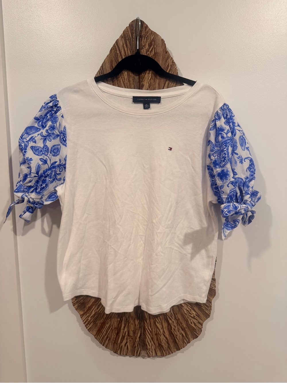 Tommy Hilfiger White Tee with Blue Floral Puff Sleeves and Tie Detail